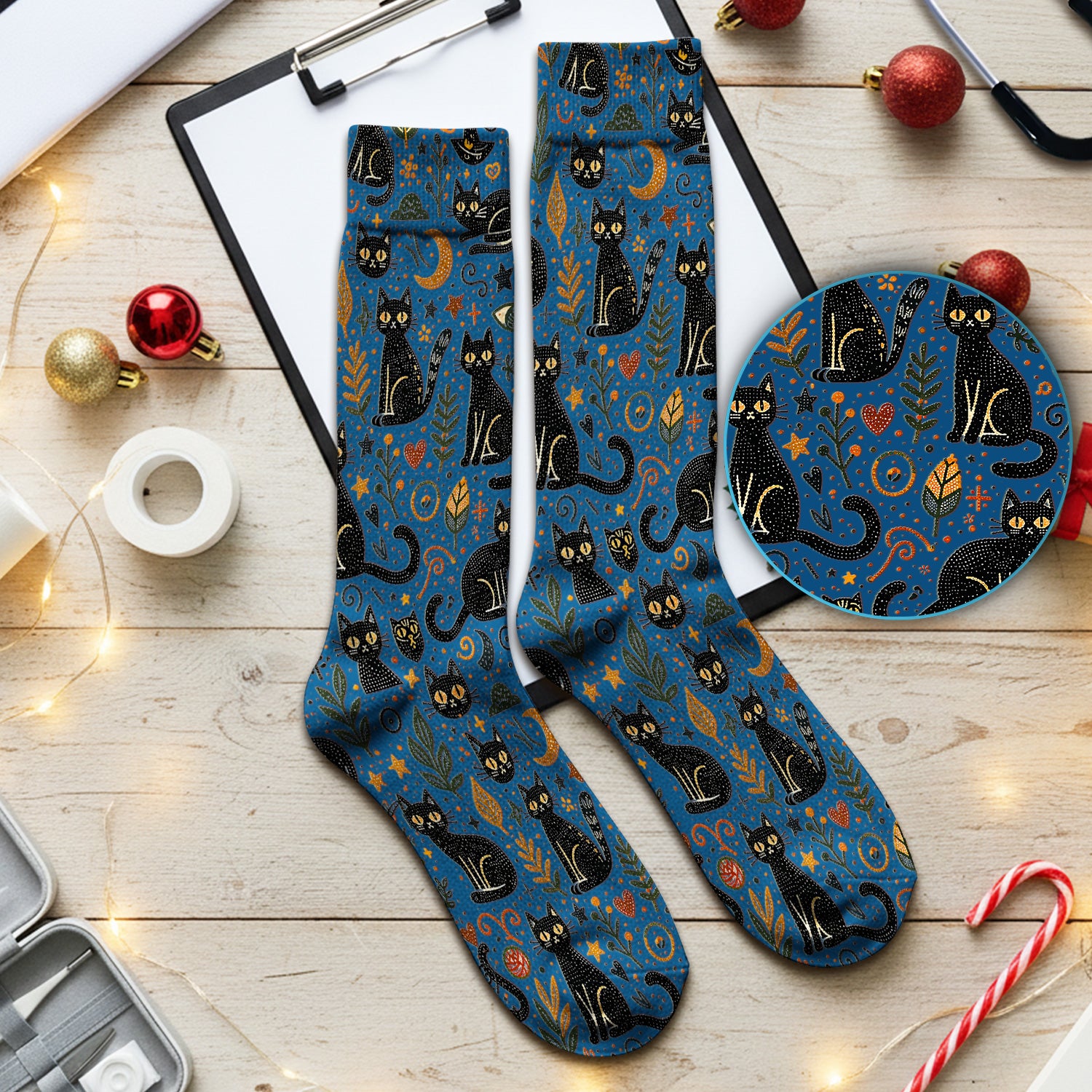 Mystic Black Cat Celestial Doodle Pattern Socks, Breathable Fabrics Medical Uniform