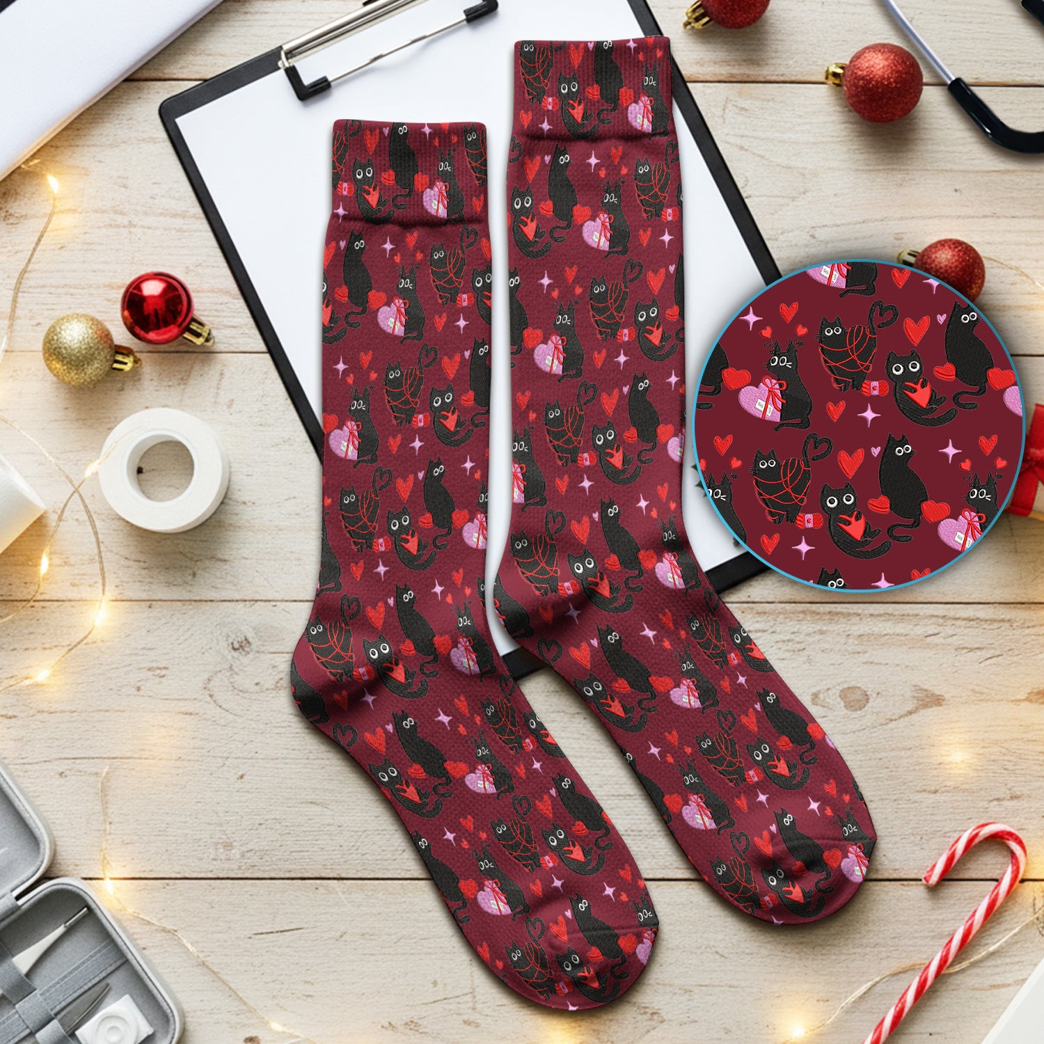 Valentine’s Day Scrub Socks, Cute Black Cat With Heart Pattern Nurse Sock, Breathable Fabrics Nursing Uniform