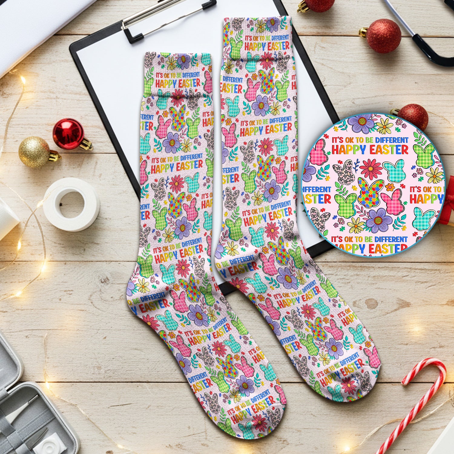 Happy Easter Bunny Floral Print Socks, Breathable Fabrics Medical Uniform