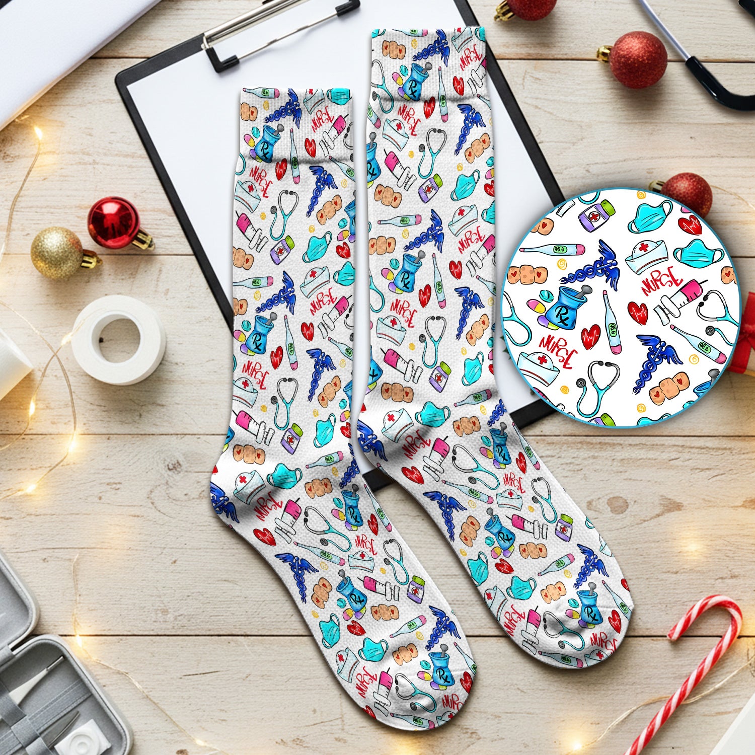 Nurse Medical Icons Stethoscope Heart Pattern Socks, Breathable Fabrics Medical Uniform