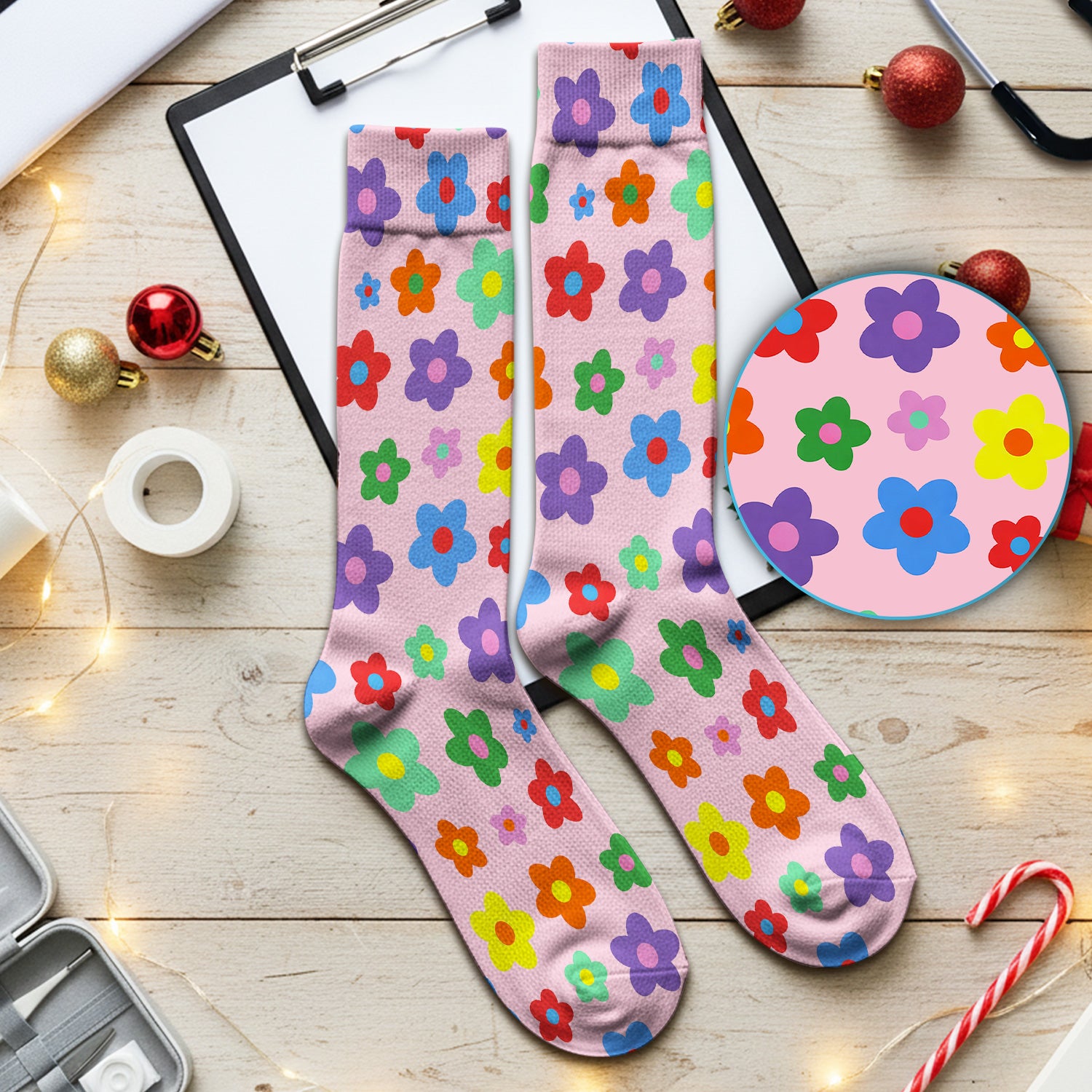 Colorful Retro Flower Pattern Print Socks, Breathable Fabrics Medical Uniform