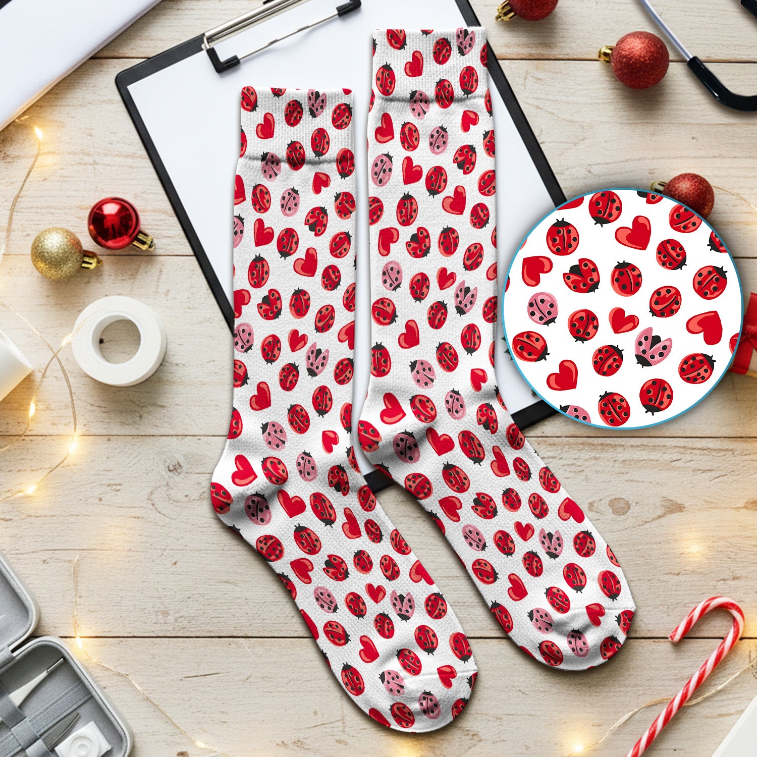 Cute Ladybug and Red Heart All Over Print Medical Socks, Socks for Nurse Doctor