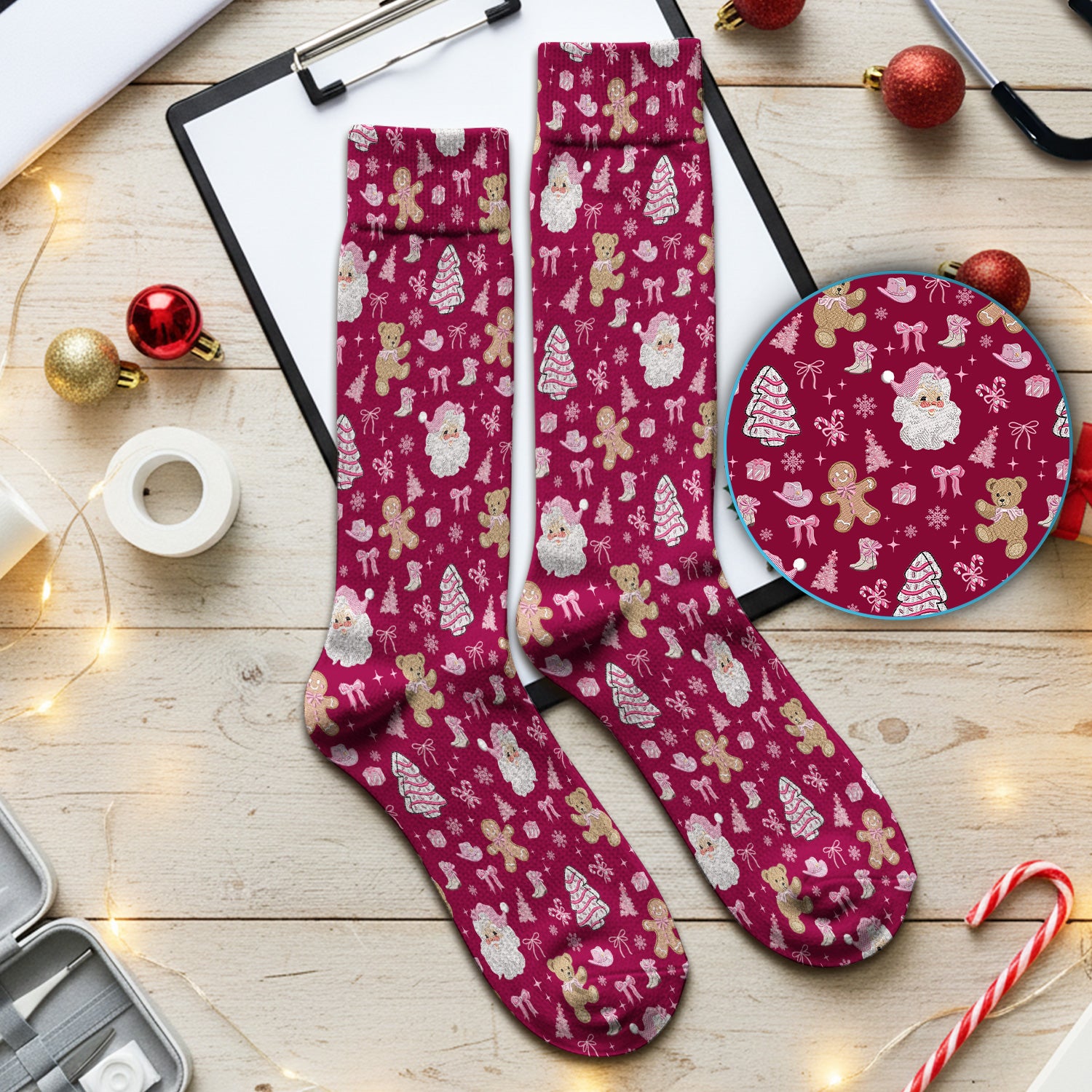 Pink Christmas Santa Gingerbread Scrub Socks, Cute Holiday Medical Pattern Sock, Breathable Fabrics Nursing Uniform