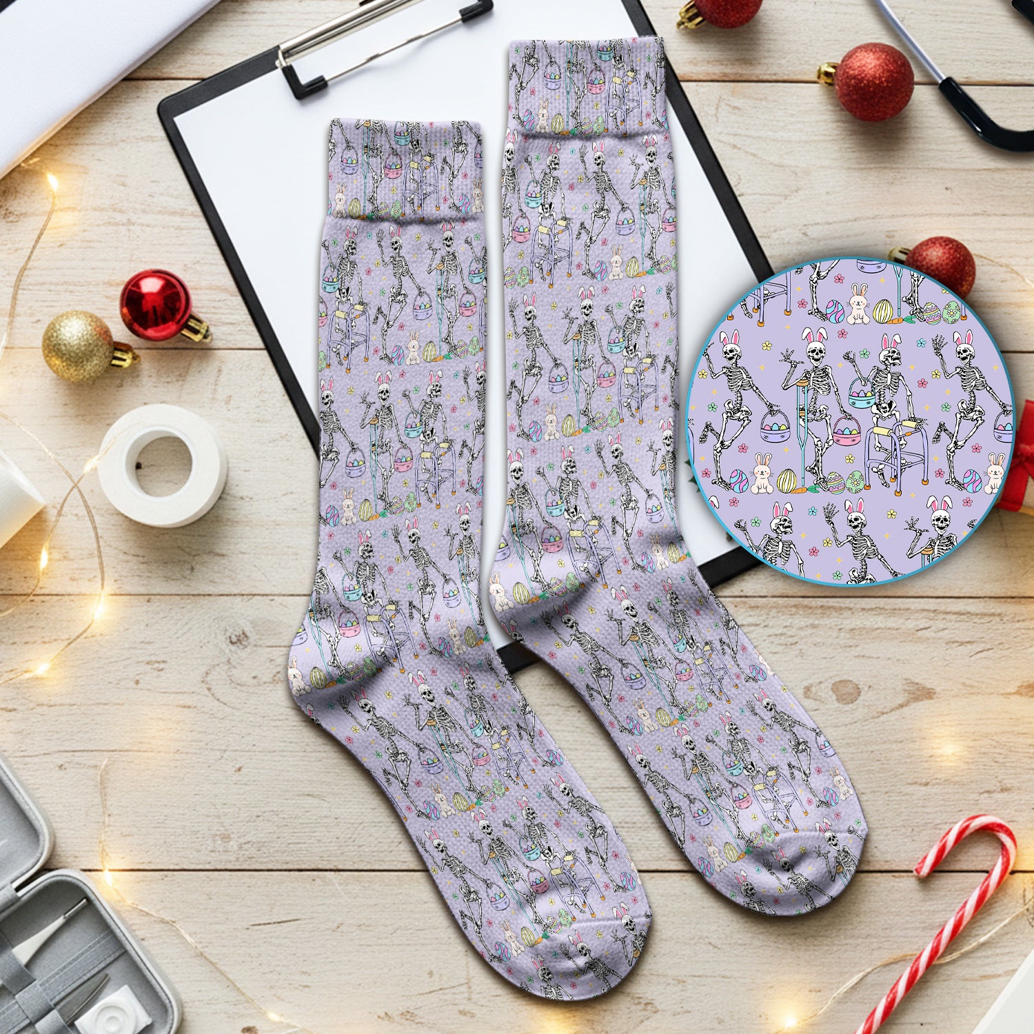 Fun Skeleton Bunny Easter Print Socks, Breathable Fabrics Medical Uniform