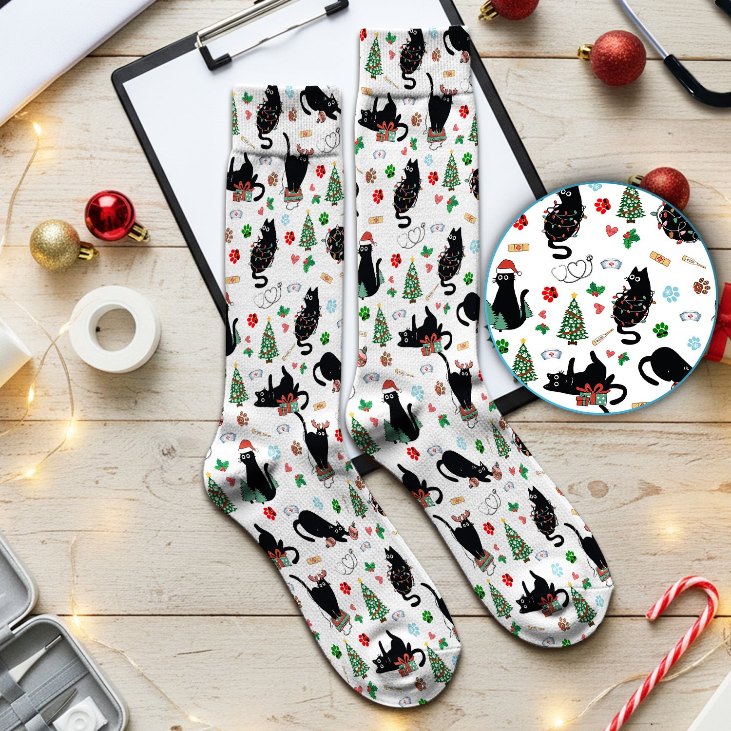 Black Cat Christmas Nurse Scrub Socks, Festive Kitty Medical Uniform for Women
