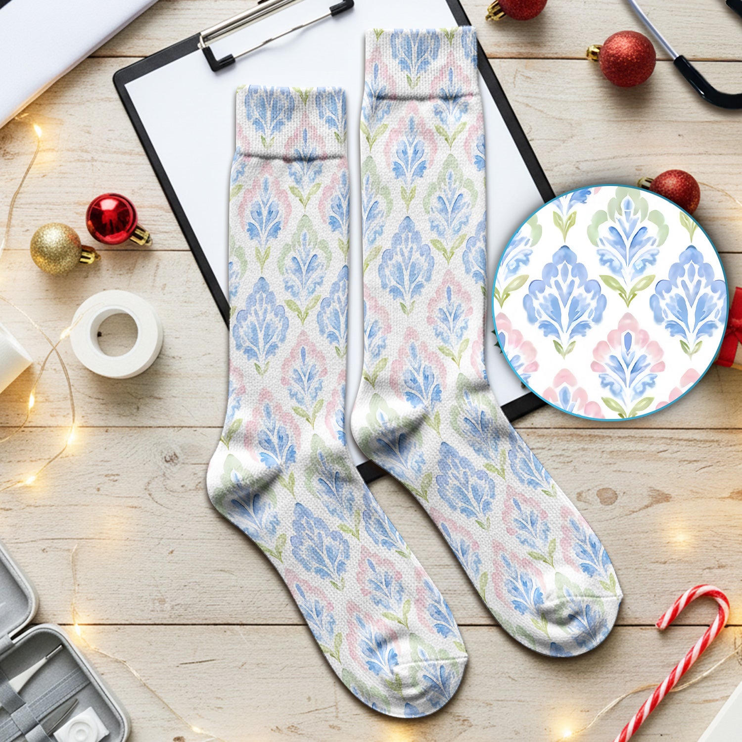 Blue Floral Damask Pattern Socks, Socks for Nurse Doctor