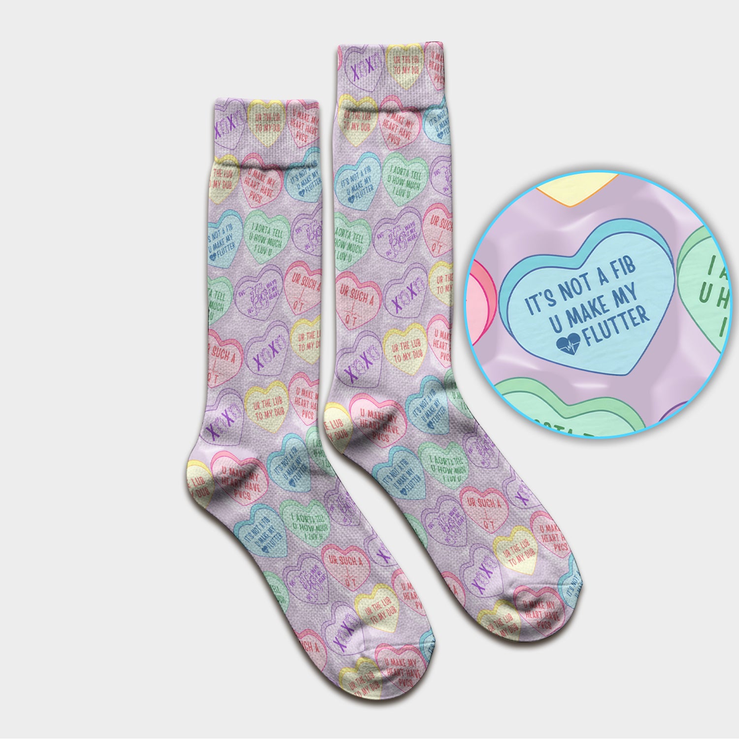 Medical Candy Heart Valentine Pattern Socks, Fun Medical Pattern, Adult Socks for Men and Women