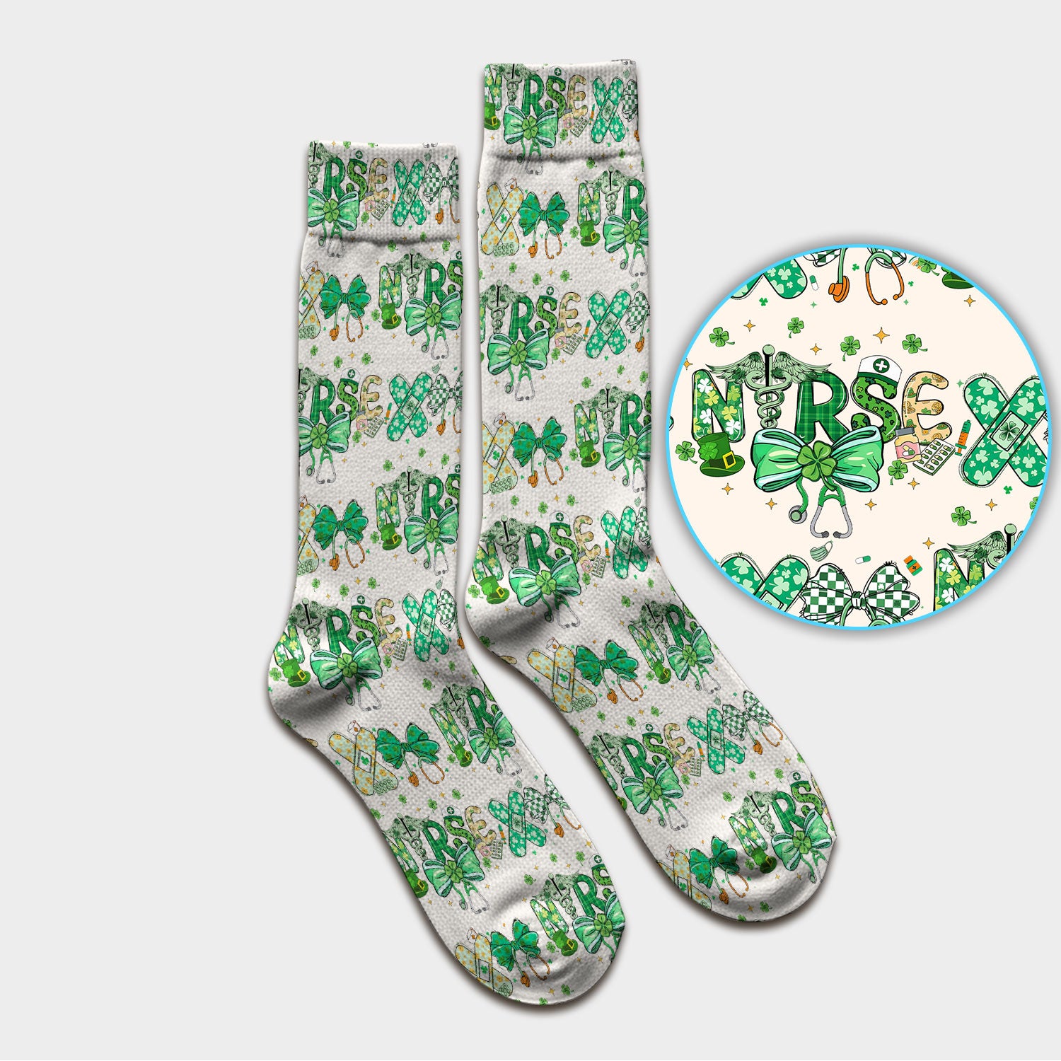 St. Patrick’s Nurse Scrub Socks, Lucky Clover And Green Bow Pattern Nurse Sock, Breathable Fabrics Nursing Uniform