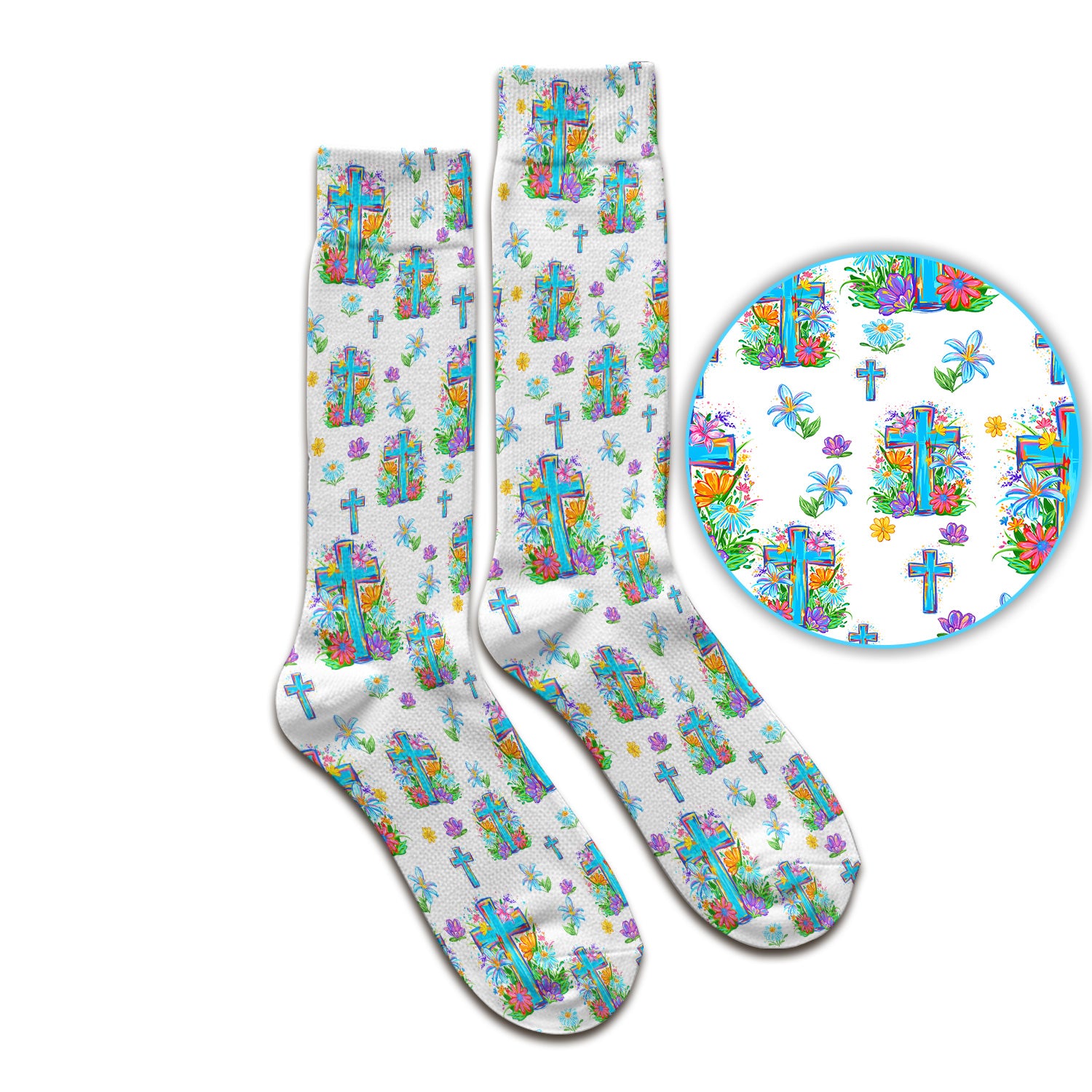Christian Floral Cross Spring Pattern Socks, Breathable Fabrics Medical Uniform