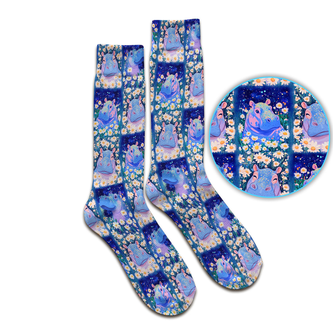 Cute Hippo Daisy Floral Patchwork Socks, Adult Socks for Men and Women