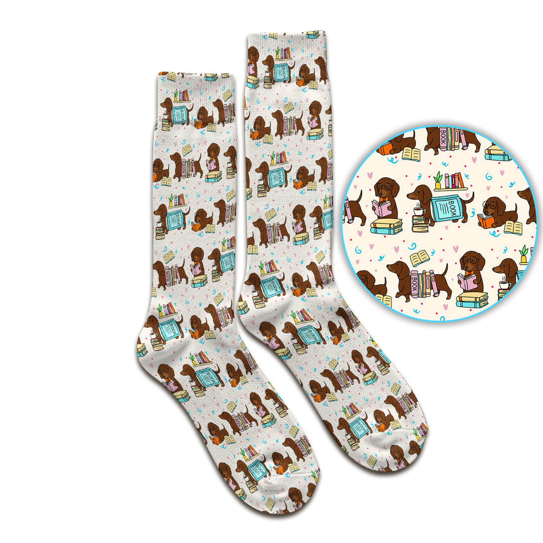 Cute Bookish Dachshund Reading Socks, Adult Socks for Men and Women