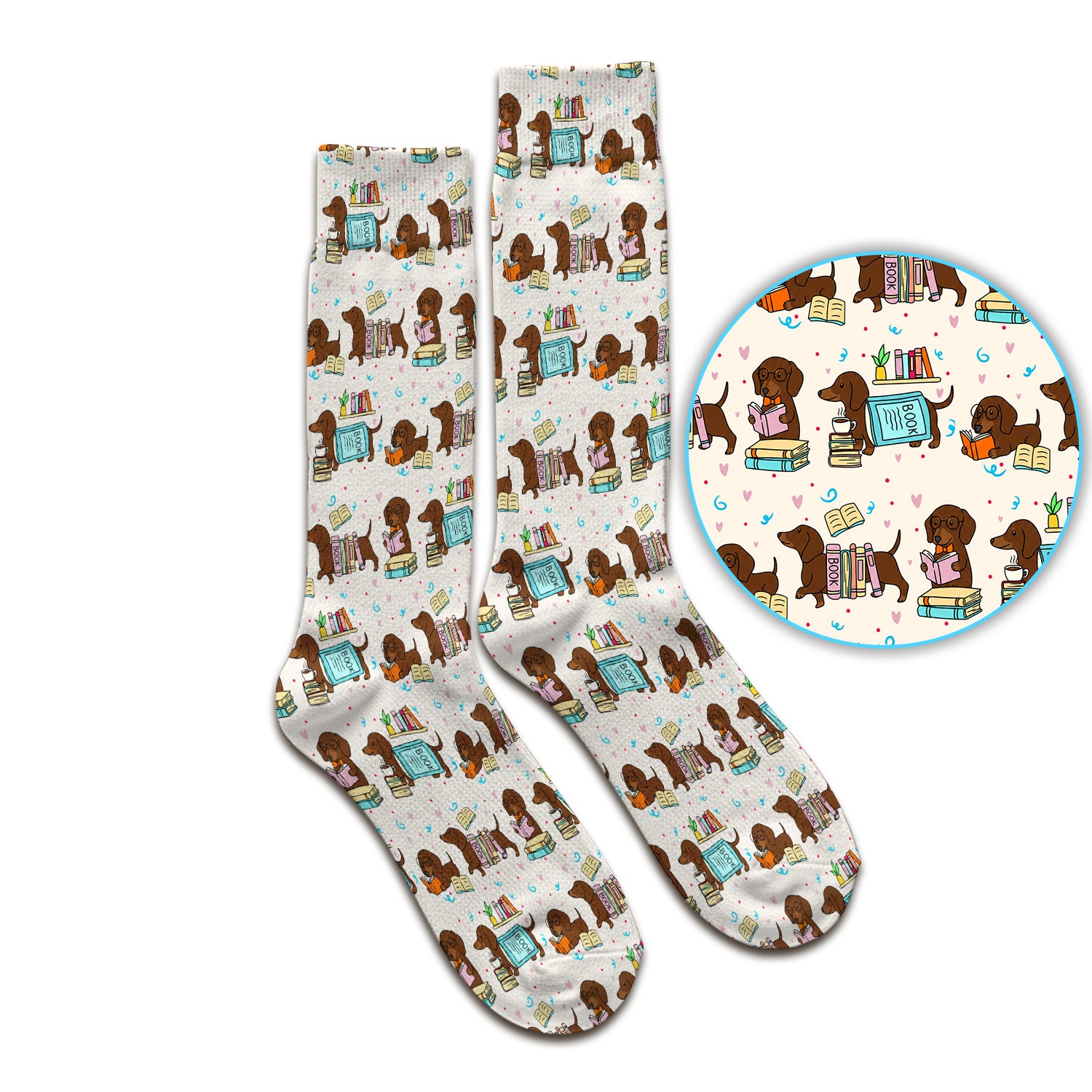 Cute Bookish Dachshund Reading Socks, Adult Socks for Men and Women