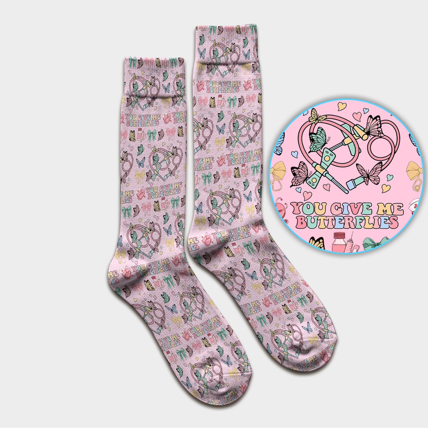 Butterfly Heart Valentine Medical Pattern Socks, Adult Socks for Men and Women