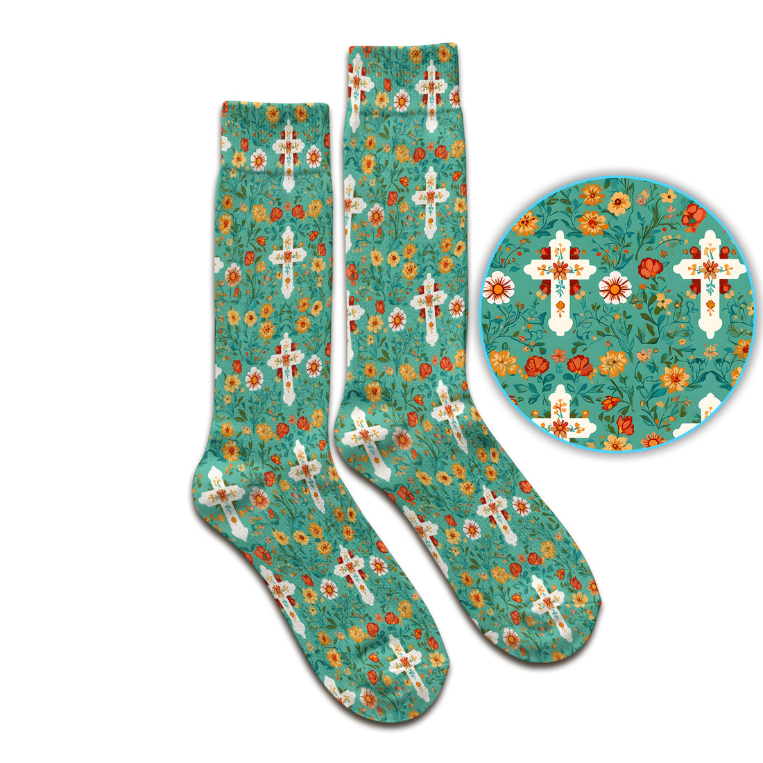 Christian Faith Floral Cross Pattern Socks, Adult Socks for Men and Women