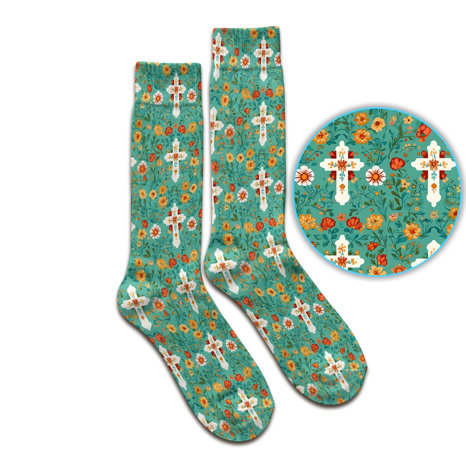 Christian Faith Floral Cross Pattern Socks, Adult Socks for Men and Women