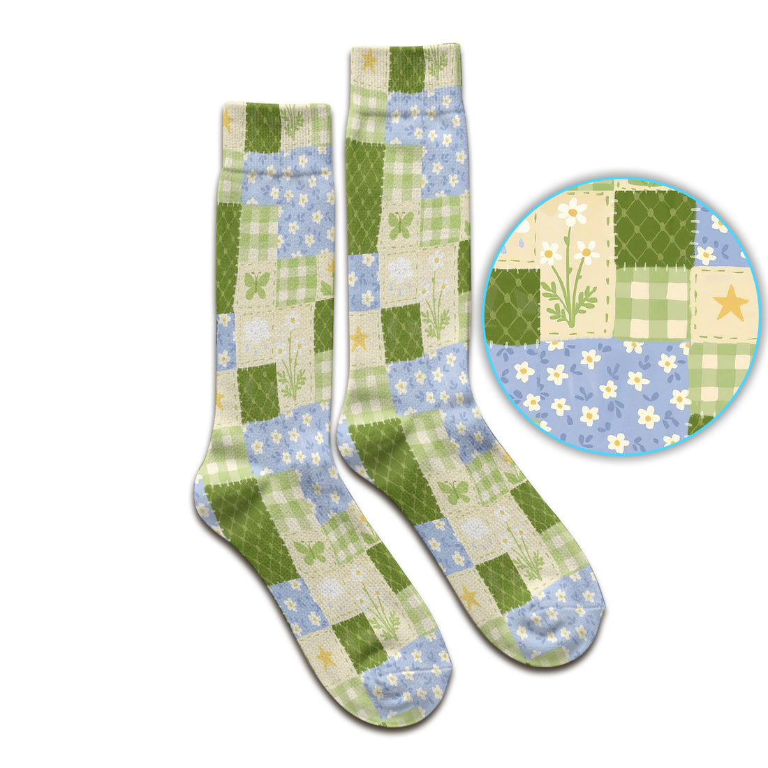 Green Patchwork Clover Floral Pattern Socks, Socks for Nurse Doctor
