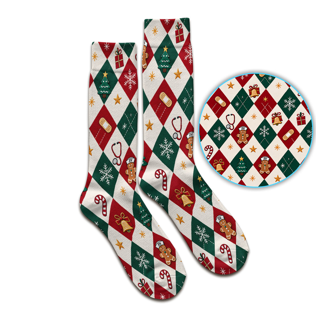 Christmas Gingerbread Nurse Argyle Socks, Adult Socks for Men and Women