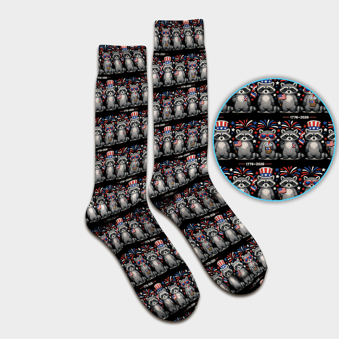 Patriotic Raccoon Fireworks Stripe Pattern Socks, Adult Socks for Men and Women