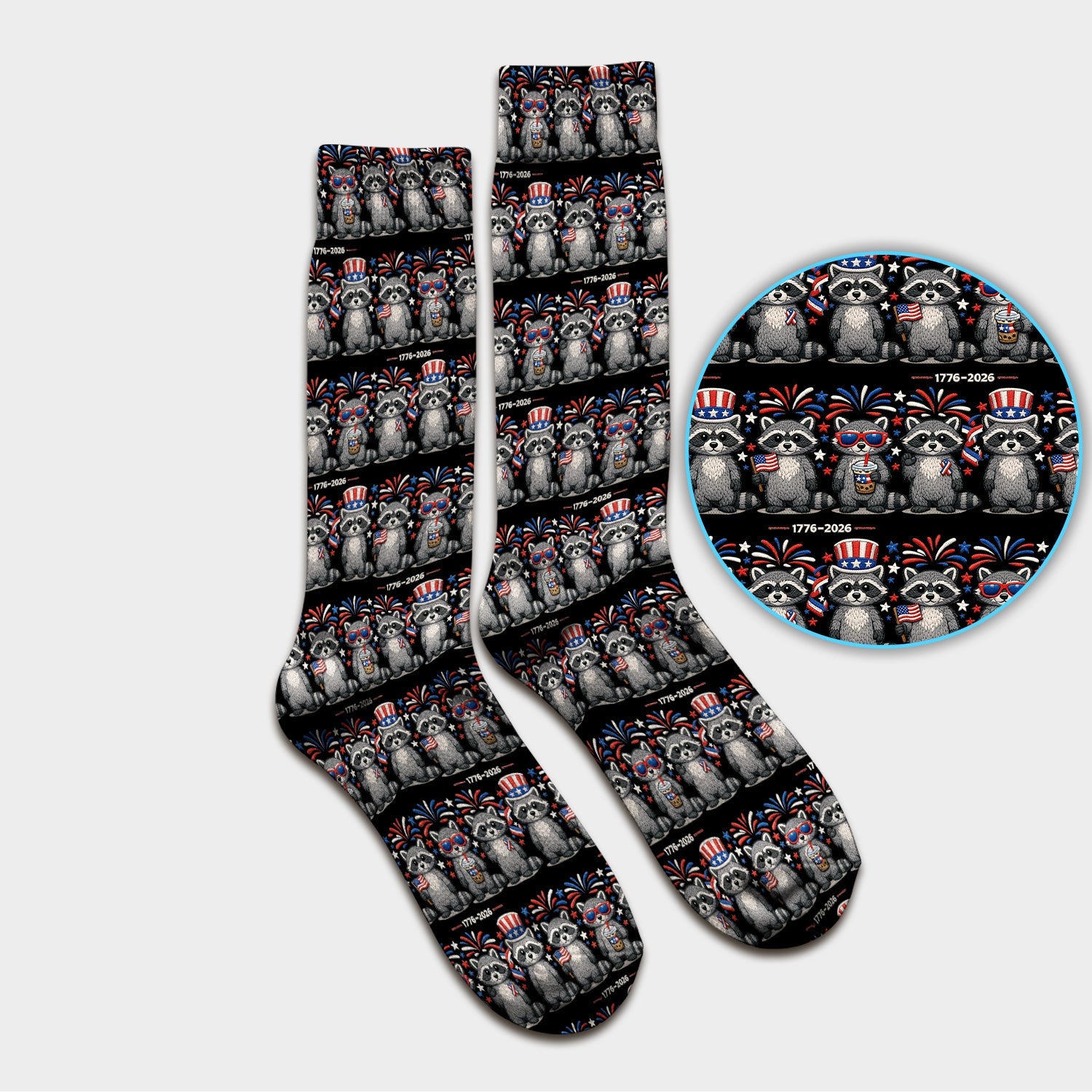 Patriotic Raccoon Fireworks Stripe Pattern Socks, Adult Socks for Men and Women