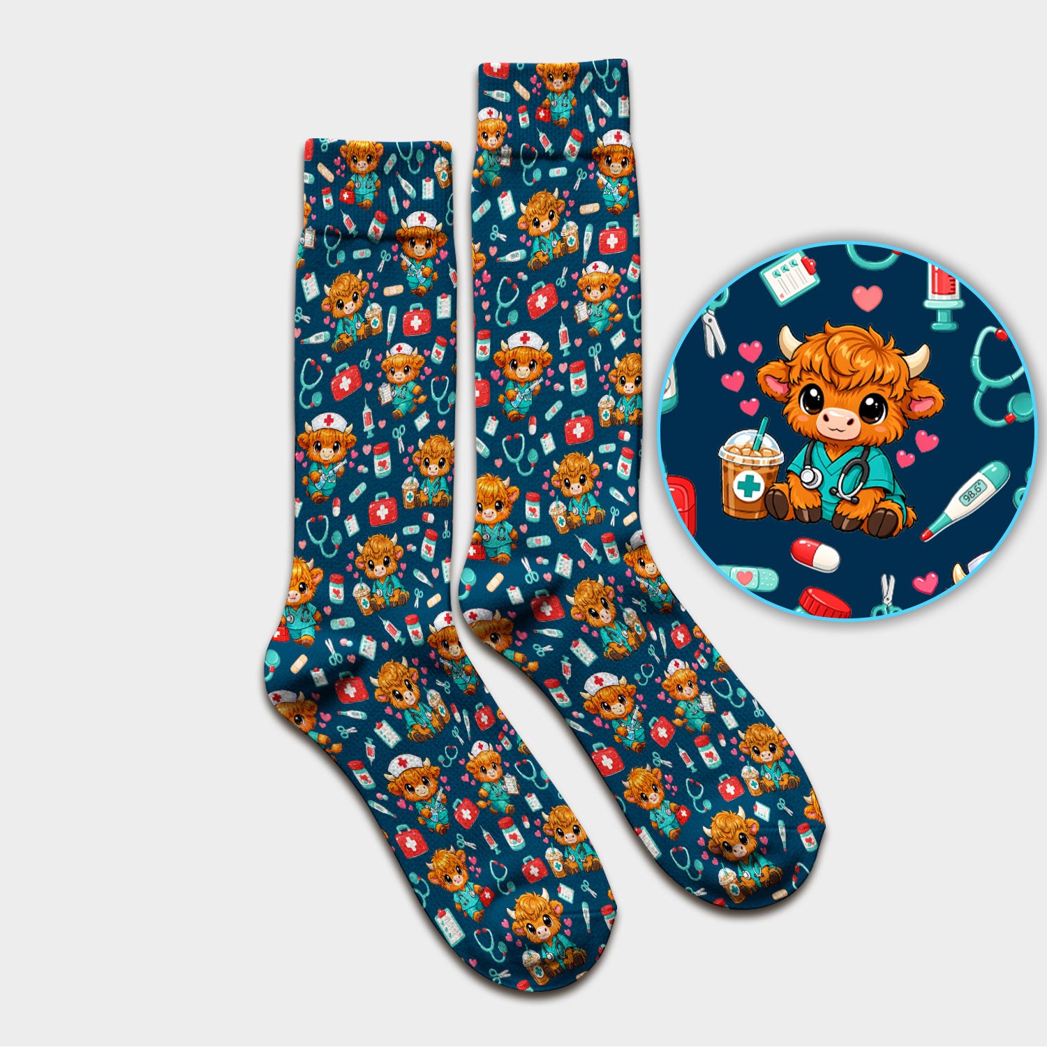 Cute Highland Cow Nurse Scrub Socks, Kawaii Medical Pattern Sock, Breathable Fabrics Nursing Uniform