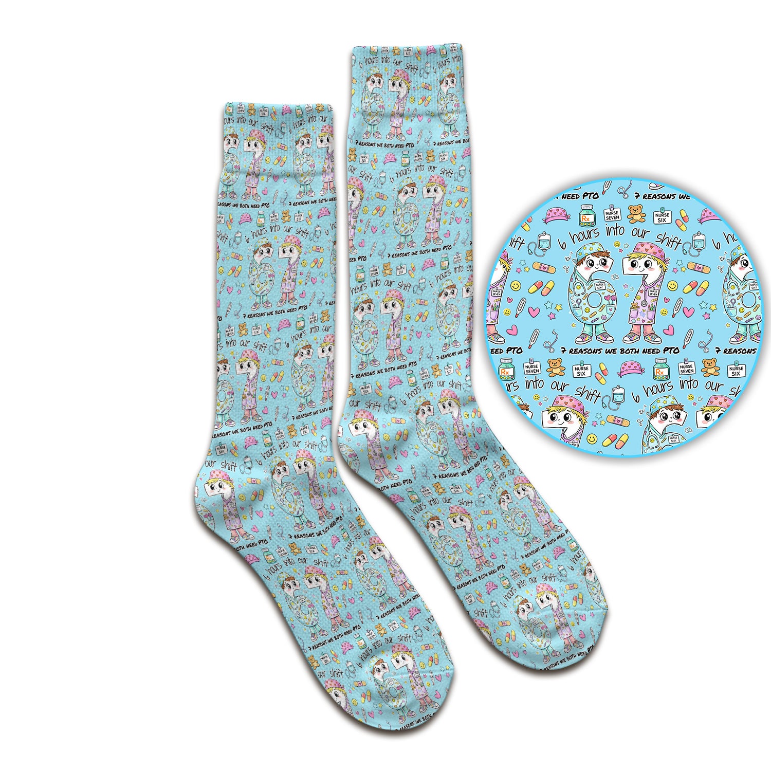 Cartoon Characters Six Hours Into Shift With Medical Doodle Socks, Breathable Fabrics Medical Uniform