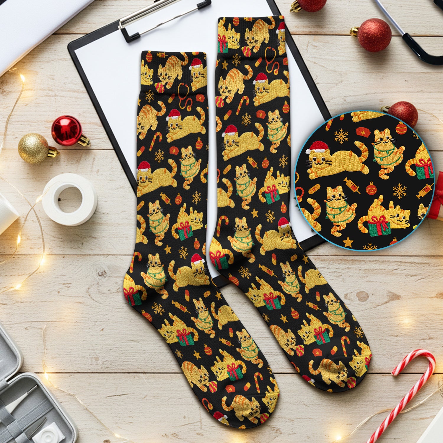 Christmas Cat Nurse Scrub Socks, Cute Holiday Kitty Medical Uniform For Nursing