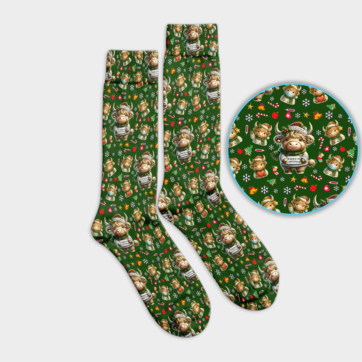 Highland Cow Christmas Socks, Funny Holiday Cow Pattern Nurse Socks, Cozy Medical Crew Socks, Perfect Christmas Gift For Nursing