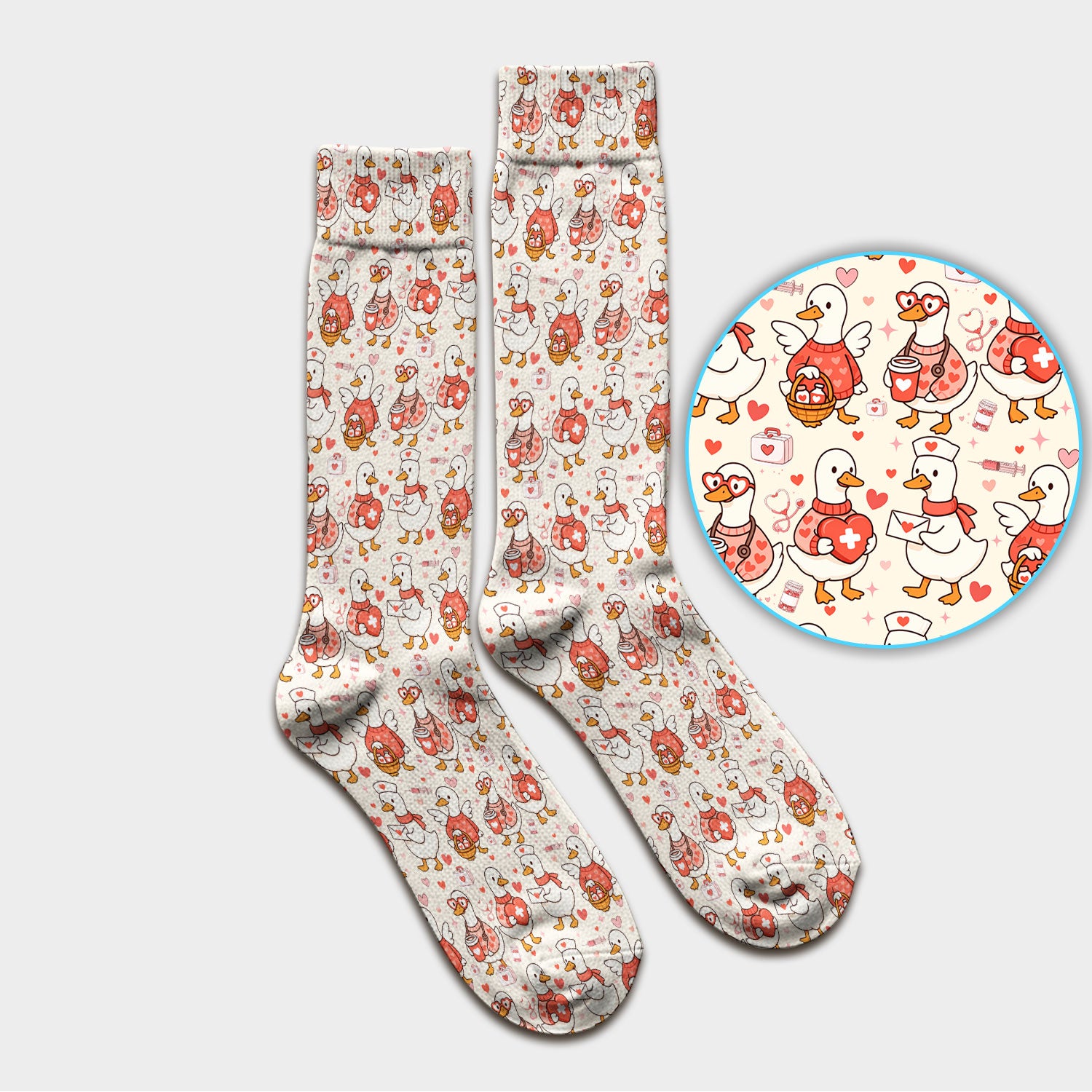 Valentine Goose Nurse Scrub Socks, Heart Medical Pattern Nurse Sock, Breathable Fabrics Nursing Uniform