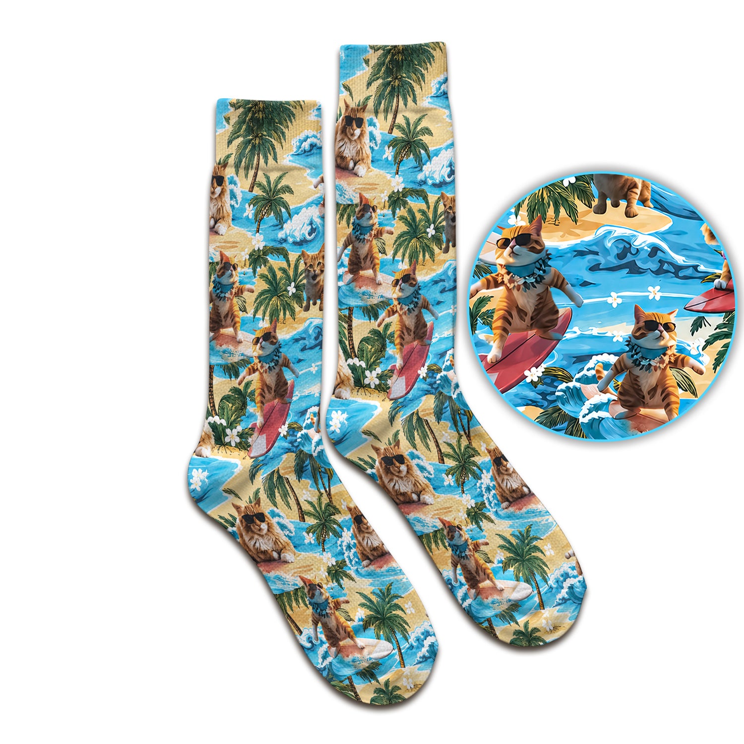 Tropical Surfing Cat with Beach Wave Island Print Socks, Adult Socks for Men and Women