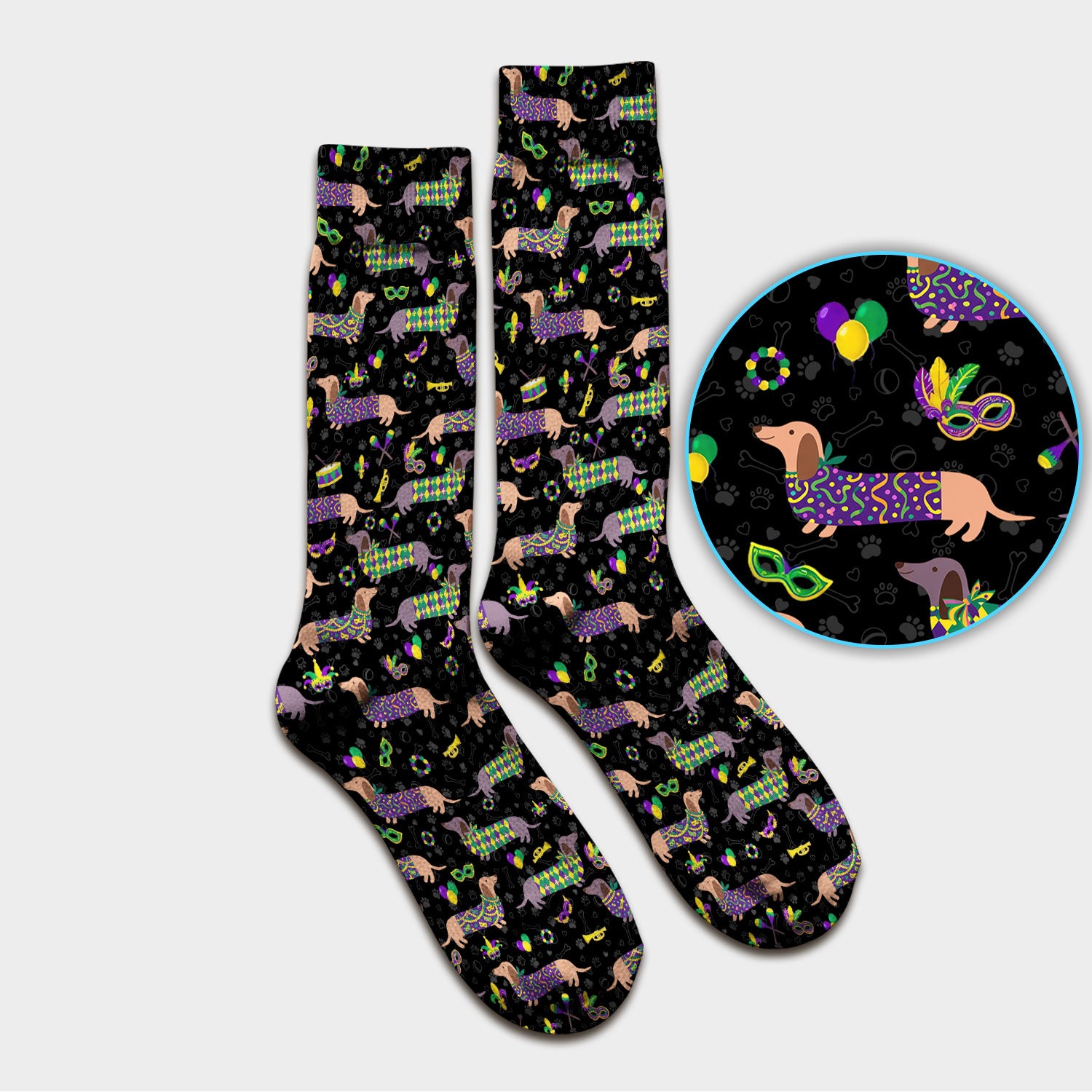 Mardi Gras Dachshund Nurse Scrub Socks, Wiener Dog Holiday Pattern Nurses Sock, Comfortable Uniform Scrubs For Nursing