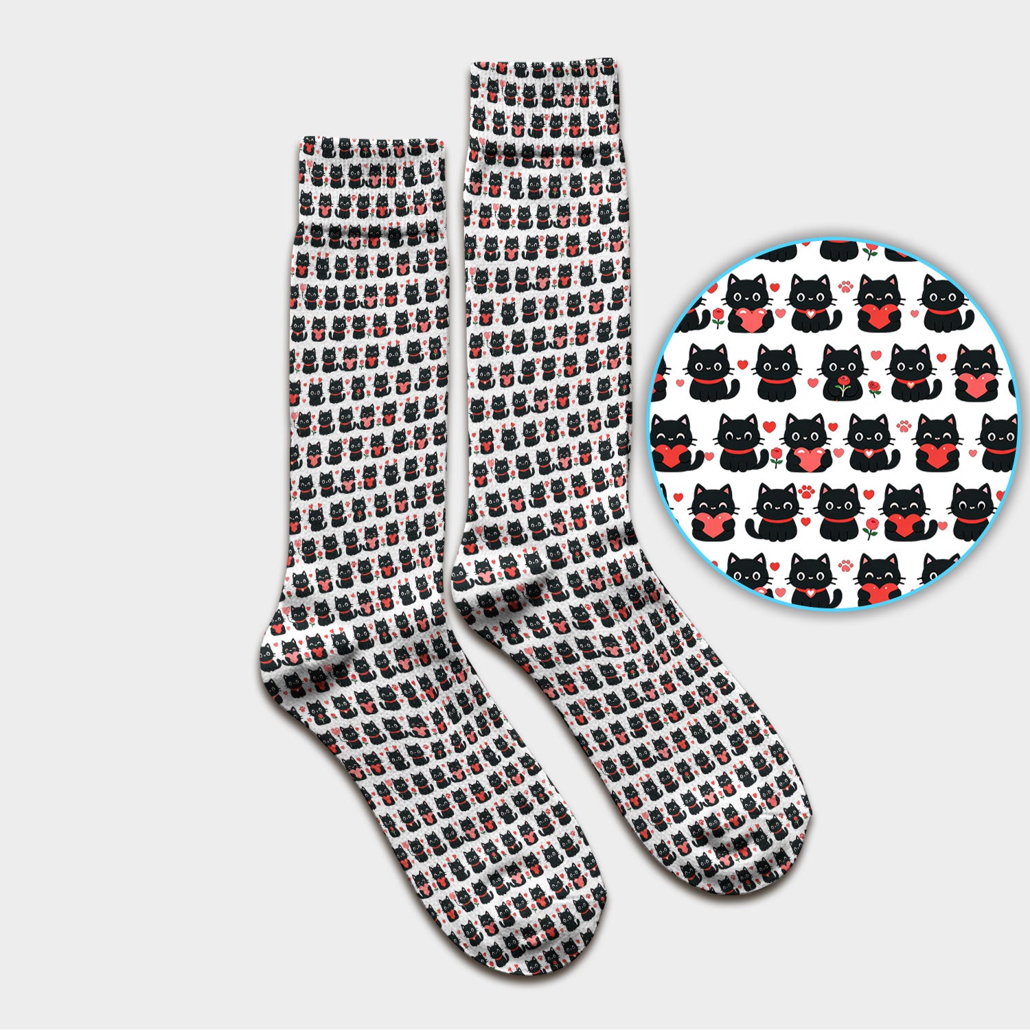 Black Cat Valentine Nurse Scrub Socks, Cute Heart Pattern Medical Sock, Breathable Fabrics Nursing Uniform