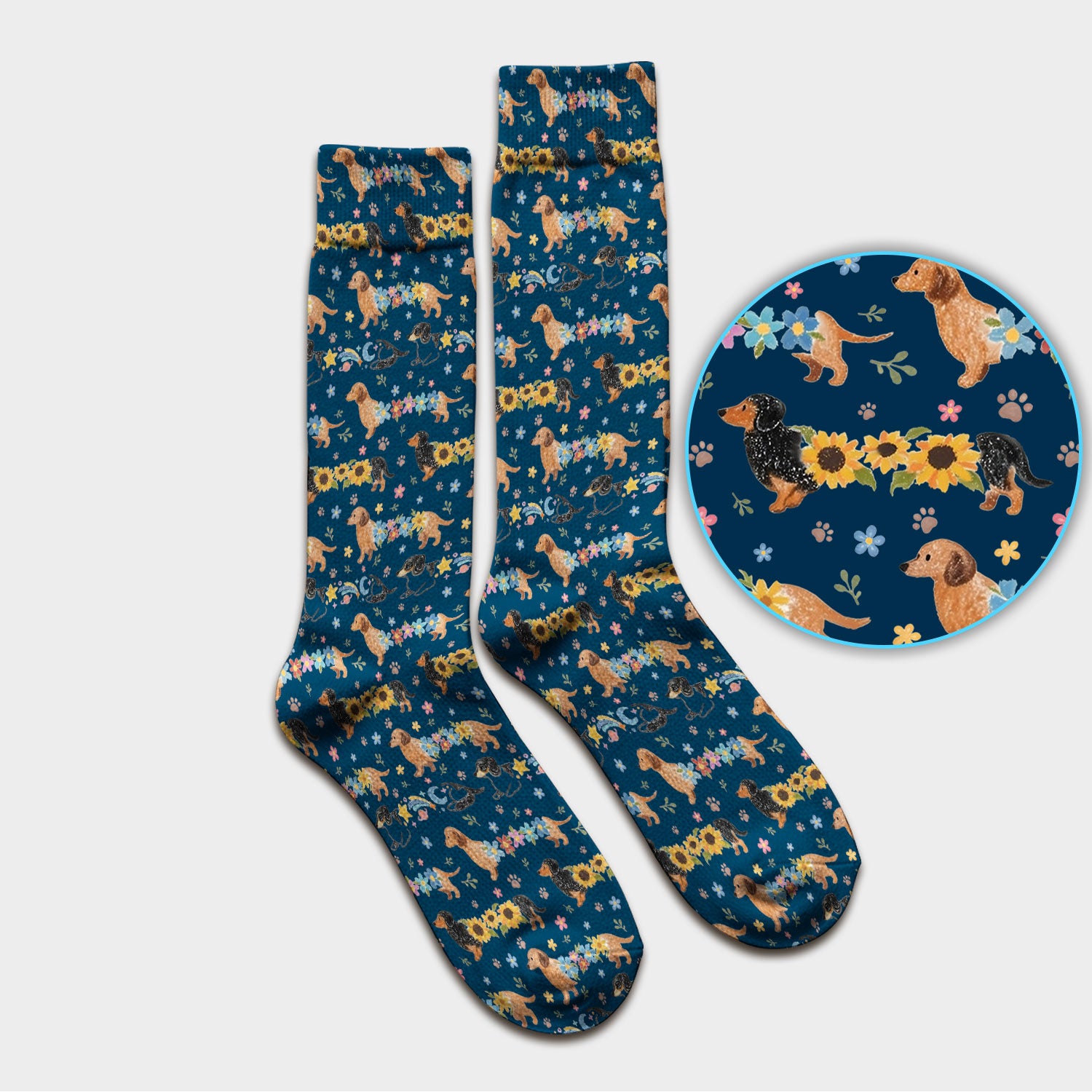 Floral Wiener Dog Pattern Socks, Adult Socks for Men and Women