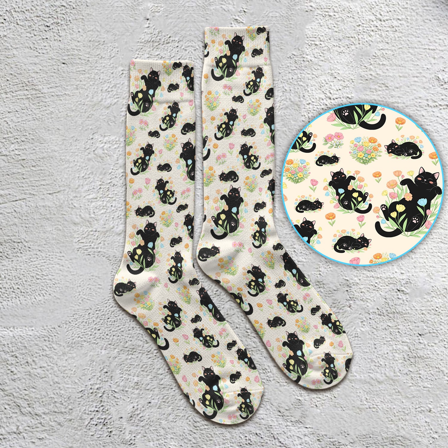 Cats With Cute Poses Floral Pattern Socks, Adult Socks for Men and Women