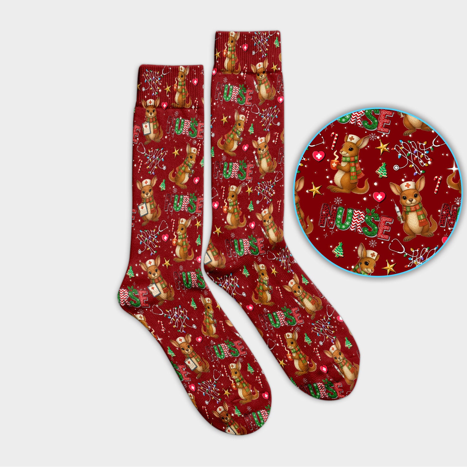Aussie Kangaroo Christmas Socks for Nurse Doctor - Funny Holiday Adult Socks for Men and Women - Breathable Fabrics Medical Uniform