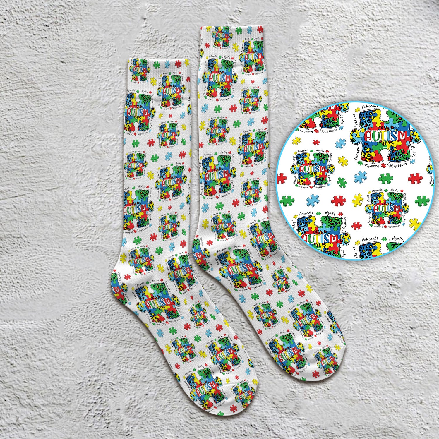 Autism Awareness Puzzle Pattern Print Socks, Adult Socks for Men and Women