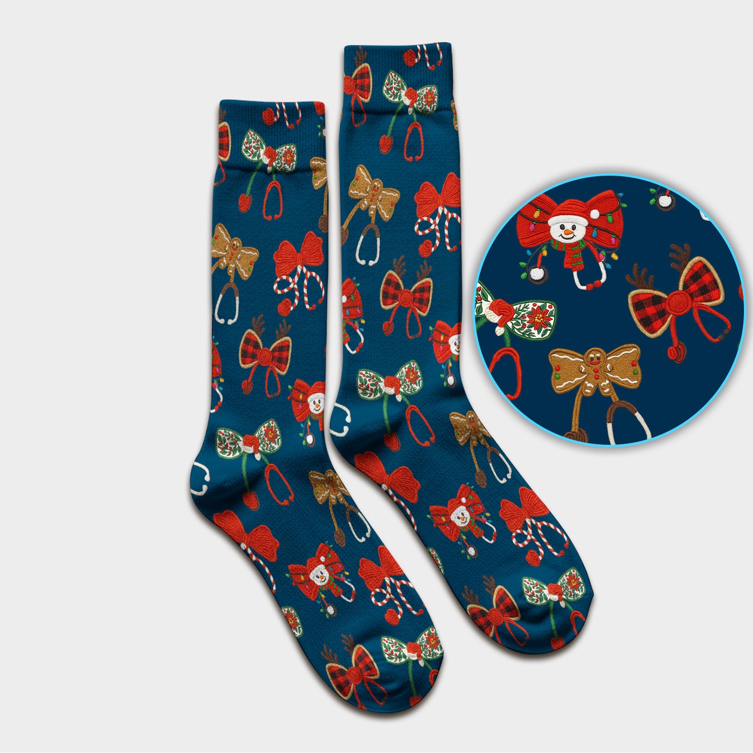 Christmas Stethoscope Bow Nurse Scrub Socks, Xmas Pattern Scrub Sock, Holiday Nursing Uniform