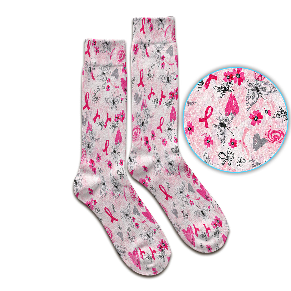 Breast Cancer Awareness Butterfly Floral Socks, Adult Socks for Men and Women