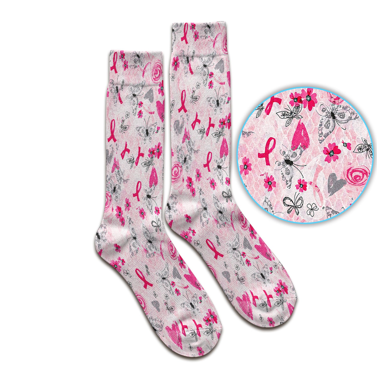 Breast Cancer Awareness Butterfly Floral Socks, Adult Socks for Men and Women