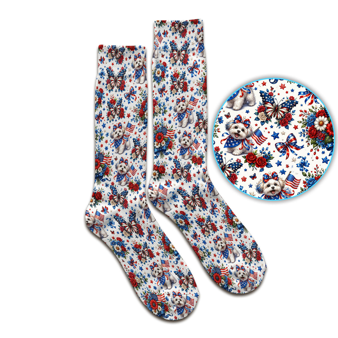 Patriotic Puppy Floral Bouquet Pattern Socks, Adult Socks for Men and Women