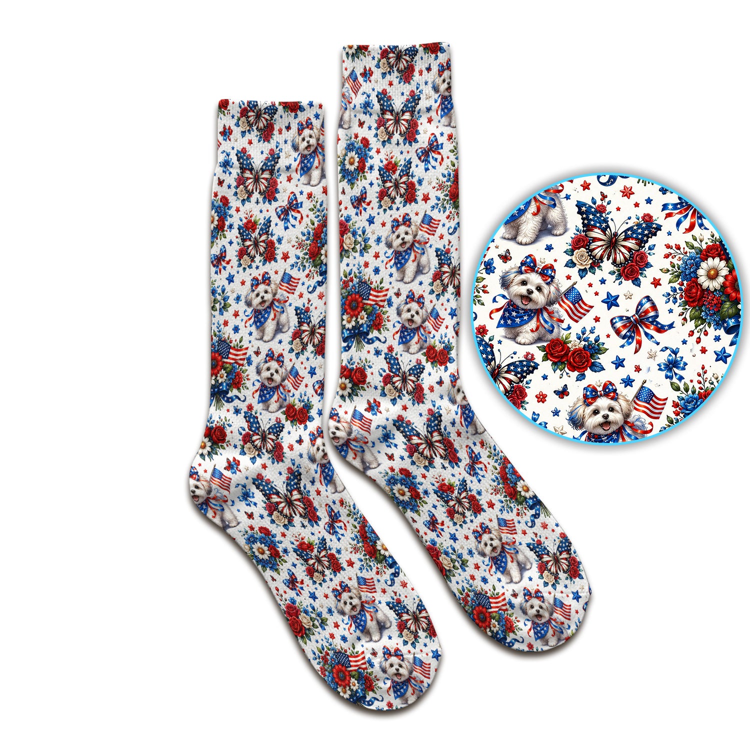 Patriotic Puppy Floral Bouquet Pattern Socks, Adult Socks for Men and Women