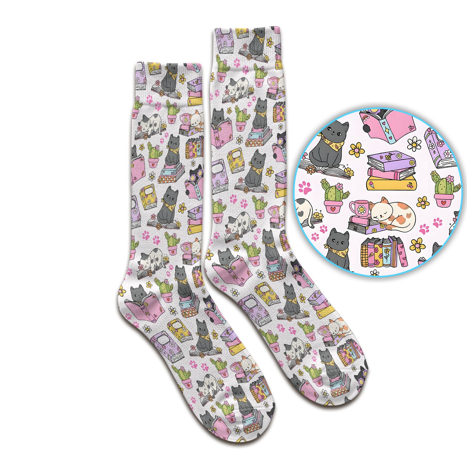 Cute Cat Book Cactus Seamless Pattern Socks, Adult Socks for Men and Women