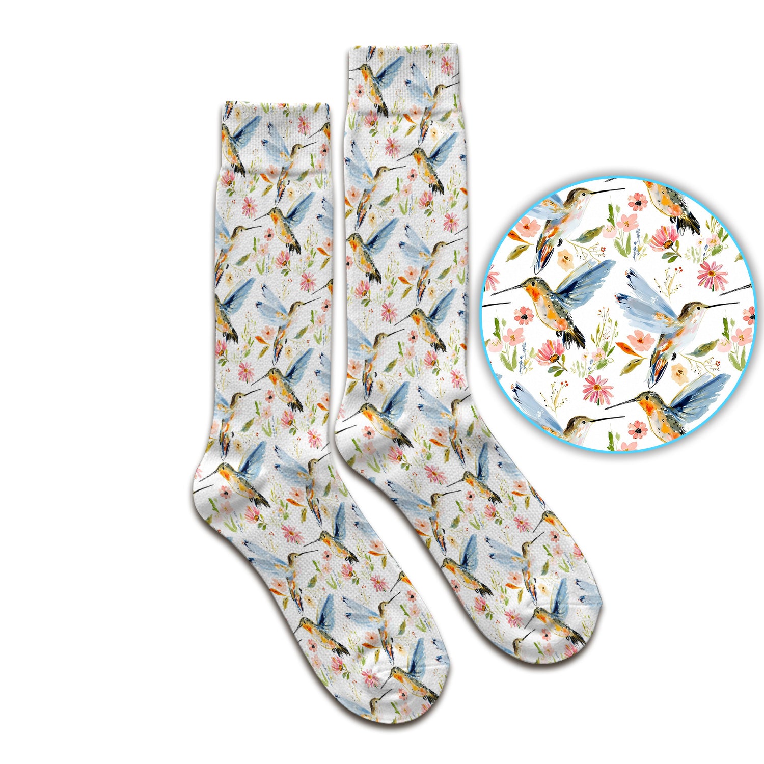 Watercolor Hummingbird Floral Pattern Socks, Adult Socks for Men and Women