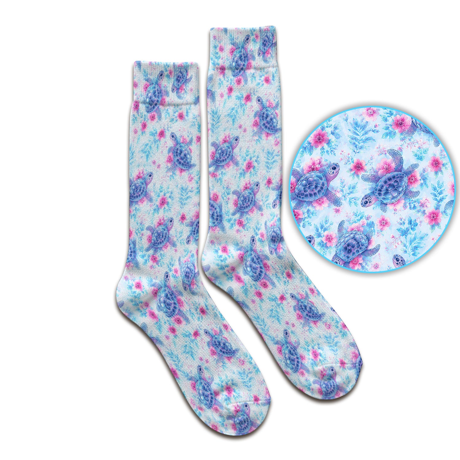 Cute Sea Turtle Floral Print Socks, Adult Socks for Men and Women