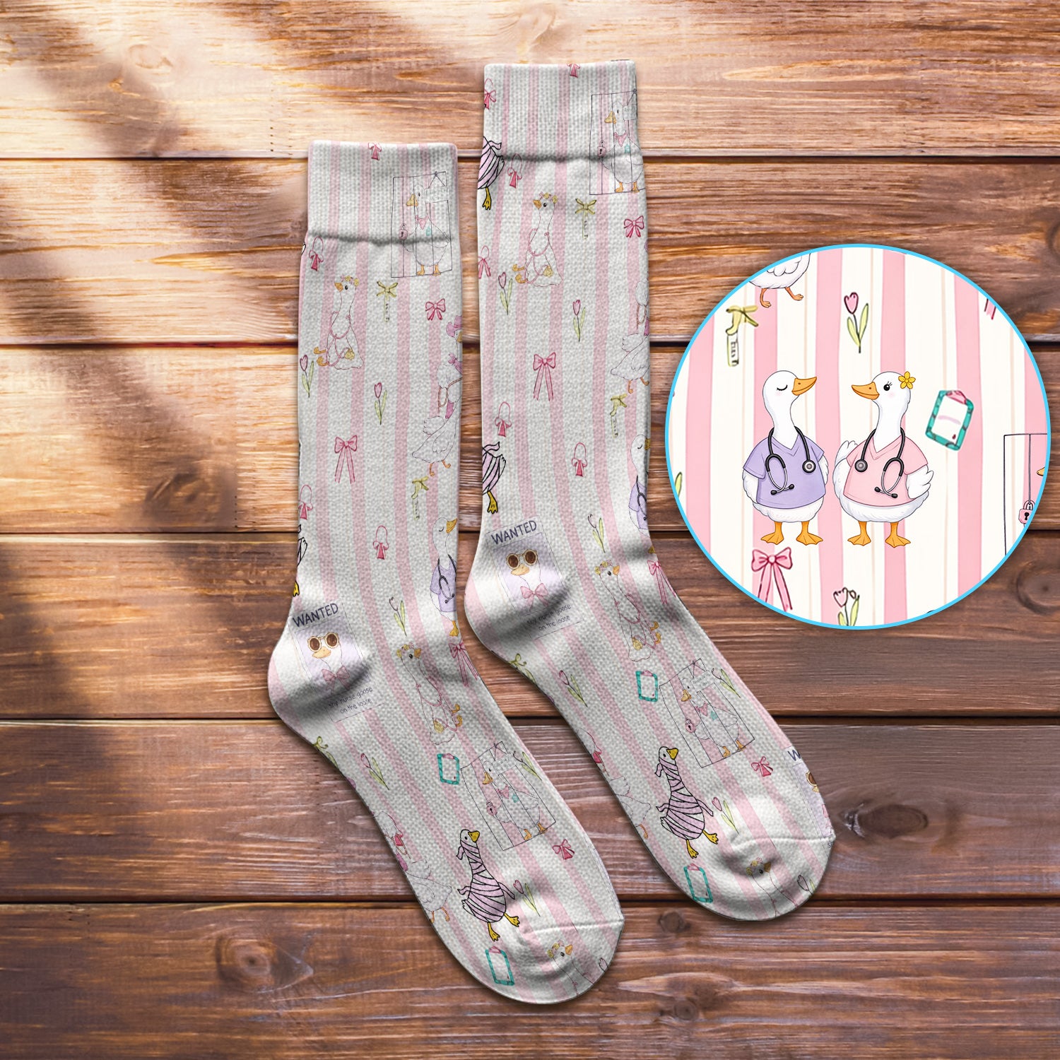Cute Nurse Duck Stripe Pattern Socks, Adult Socks for Men and Women