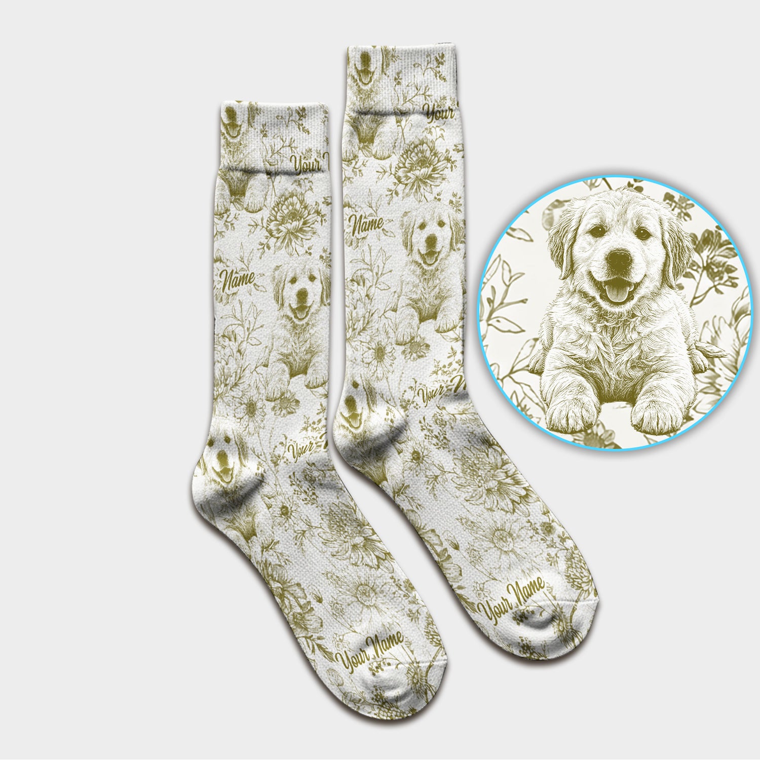 Personalized Custom Pet Photo Name Floral Pattern Socks, Adult Socks for Men and Women