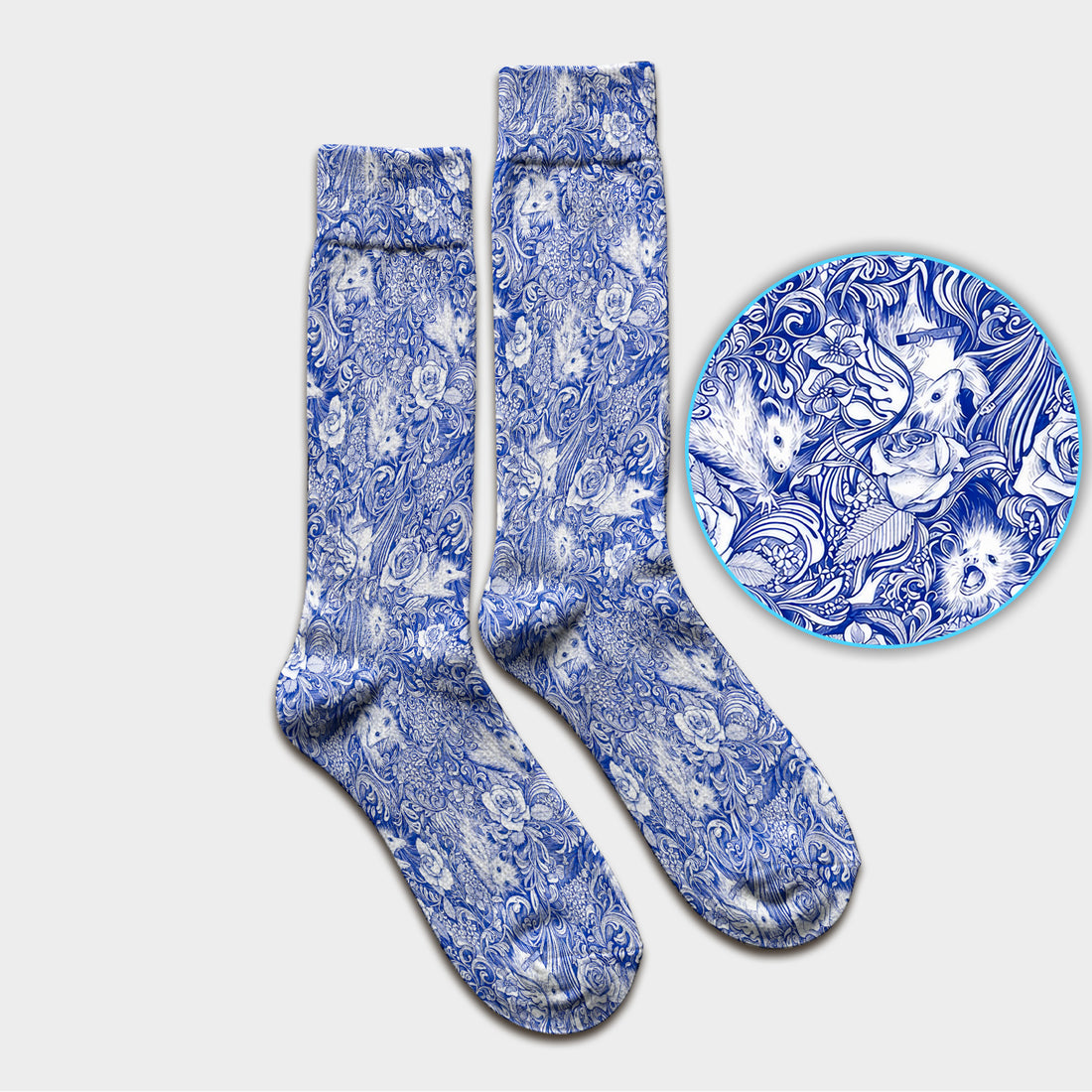 Blue Toile Opossum Floral Pattern Socks, Adult Socks for Men and Women