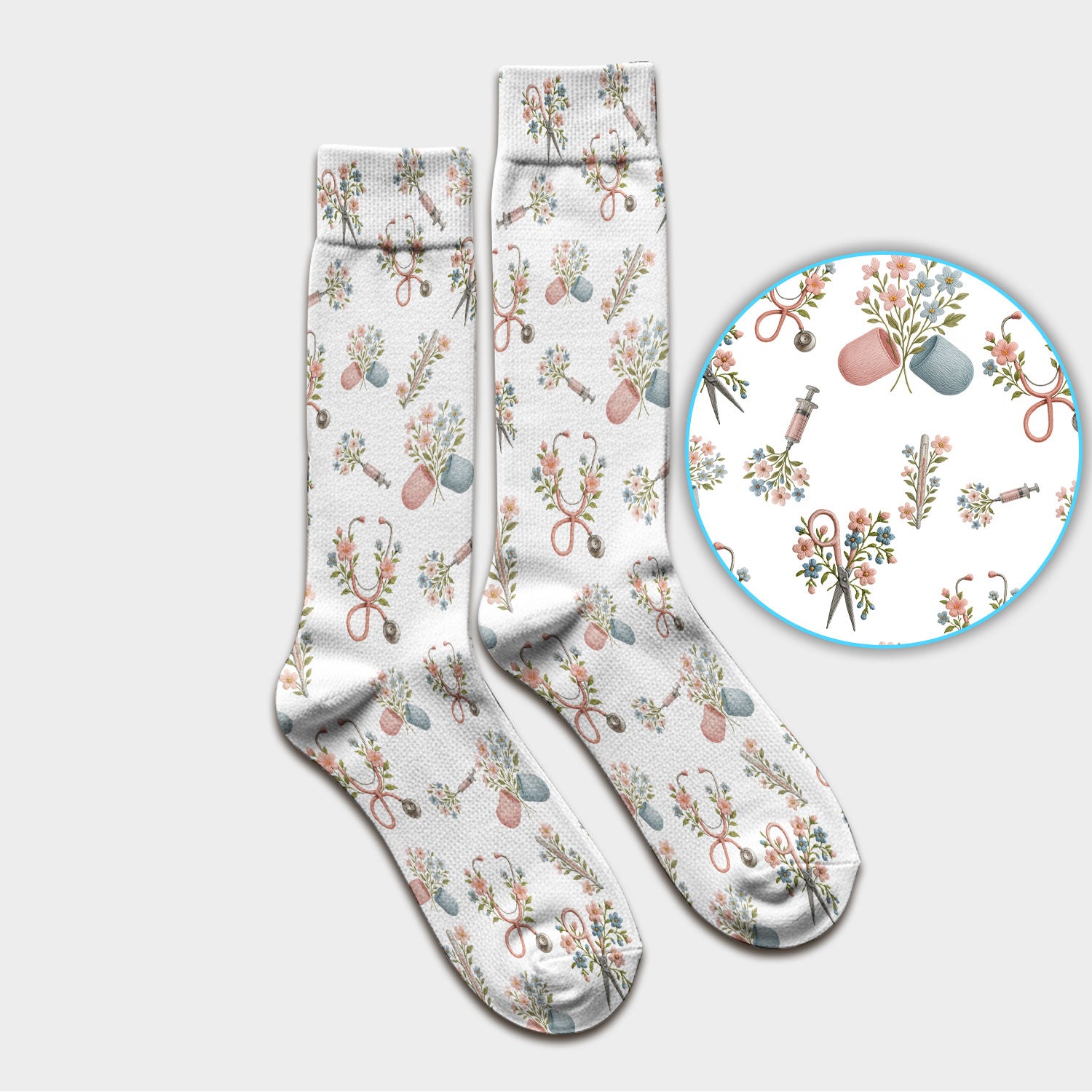 Floral Medical Scrub Socks, Elegant Stethoscope With Flower Nursing Sock, Breathable Fabrics Nurse Uniform