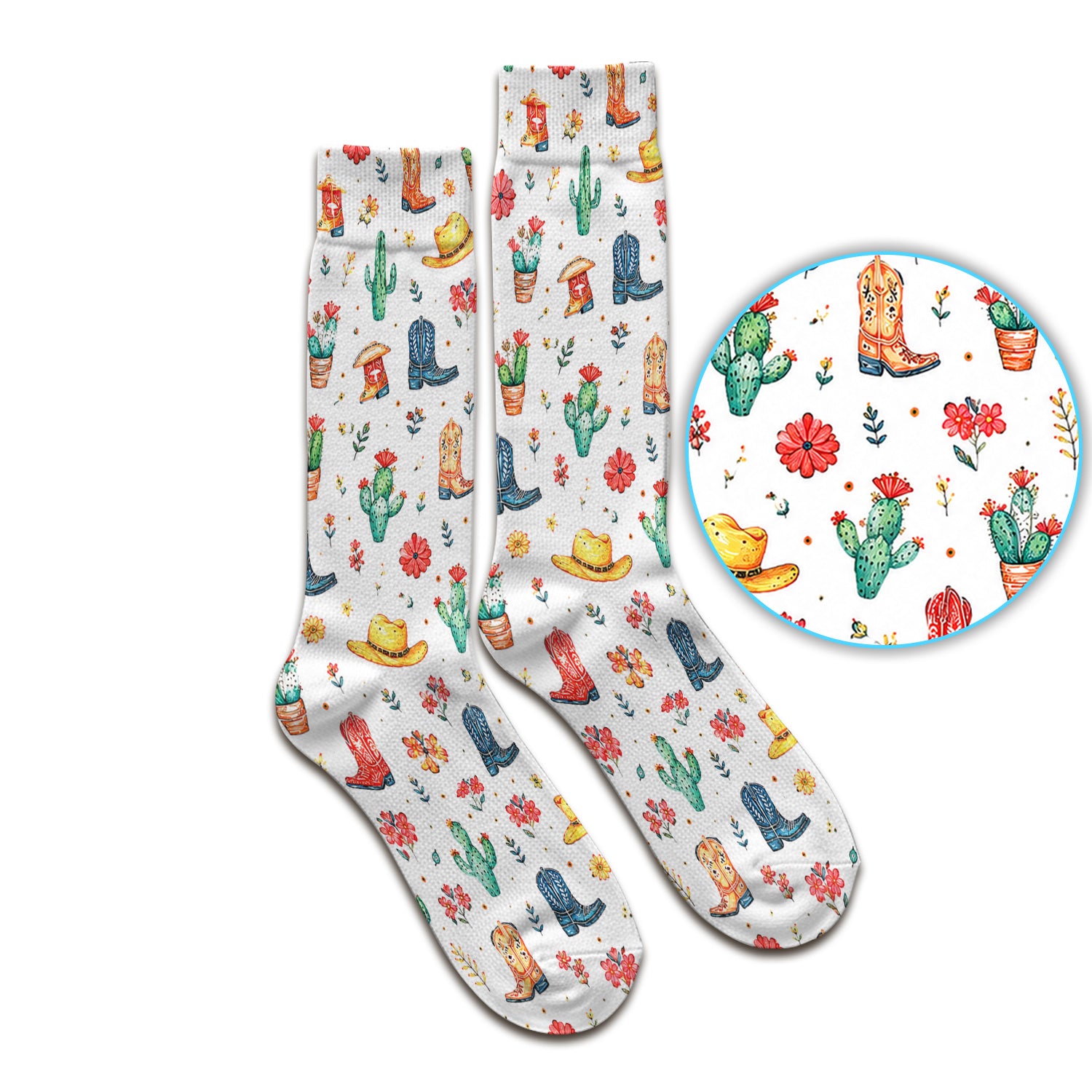 Whimsical Western Cactus Boots Pattern Socks, Breathable Fabrics Medical Uniform
