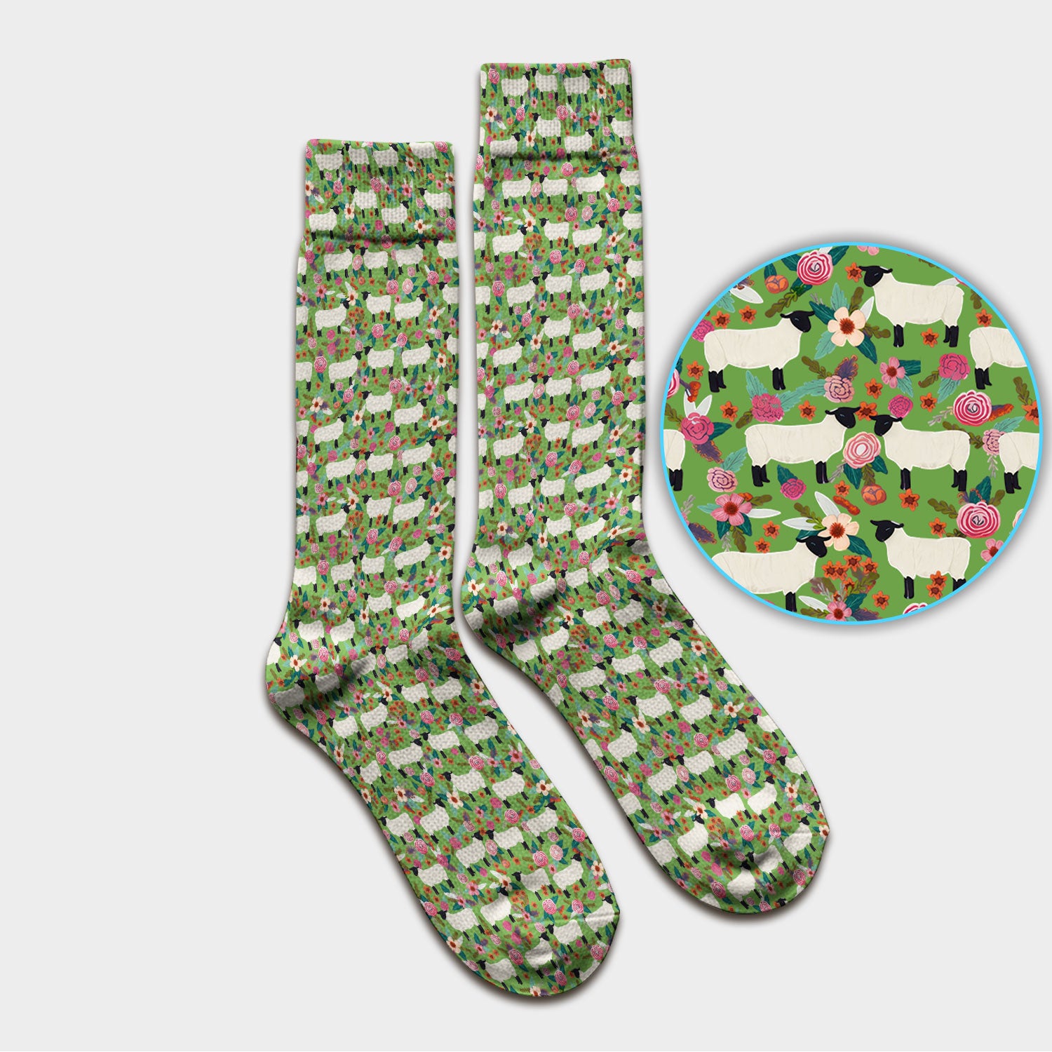 Cute Sheep Floral Meadow Pattern Socks, Adult Socks for Men and Women