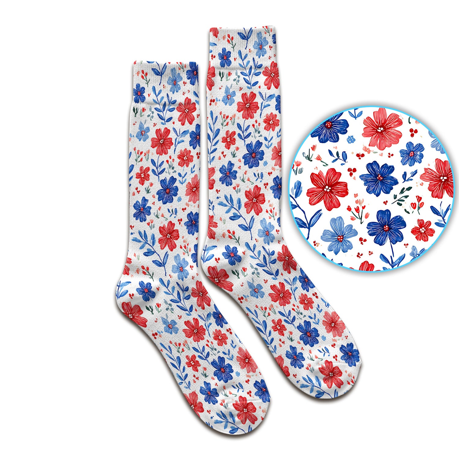 Patriotic Red White Blue Floral Print Socks, Adult Socks for Men and Women